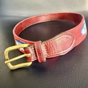 Smathers and Branson Needlepoint Belt Fish Red Canvas Brass Buckle Size 32